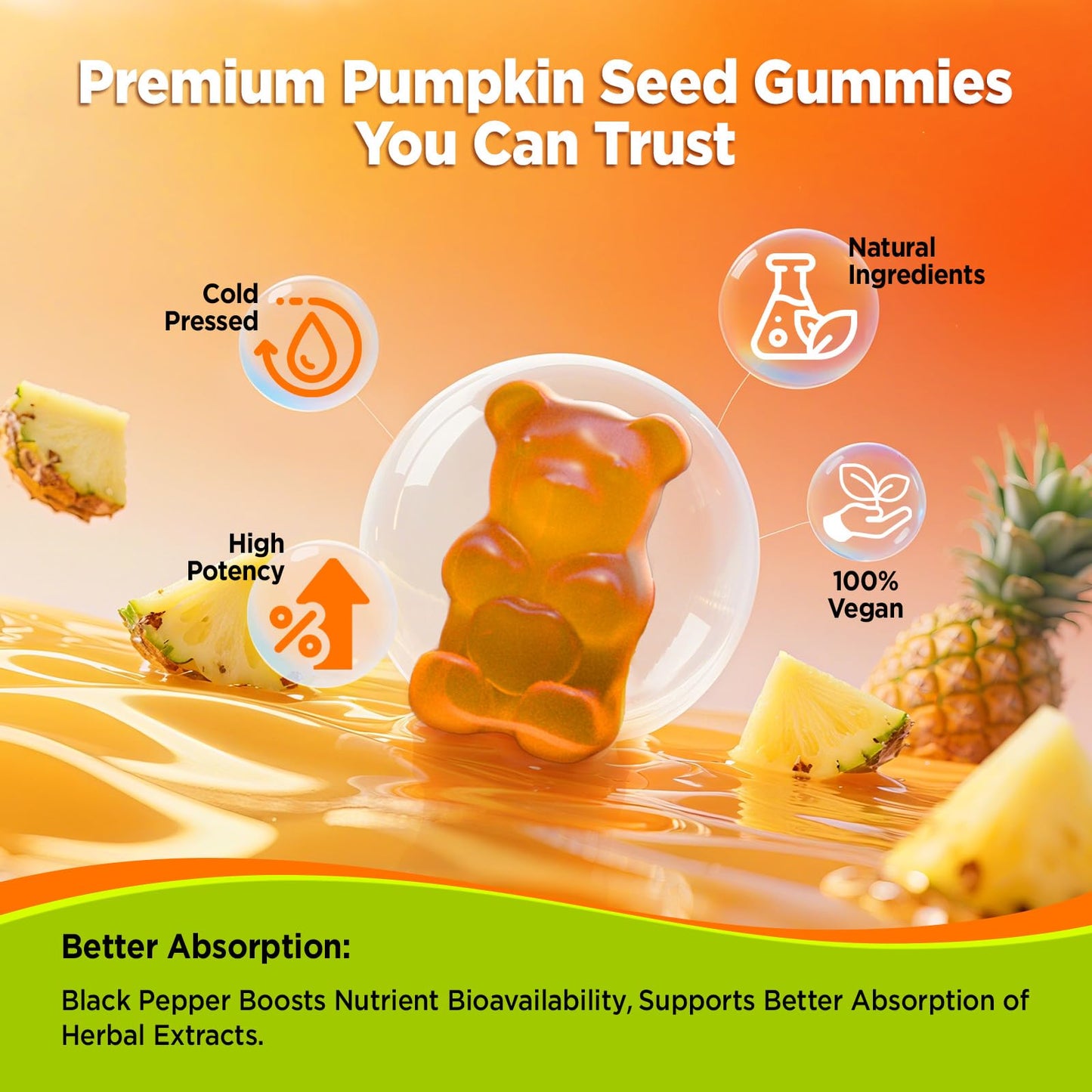NATISLAND Pumpkin Seed Oil Gummies with Saw Palmetto – Hair Growth & Prostate Health (Sugar Free, Vegan, Pineapple) | 60 Count