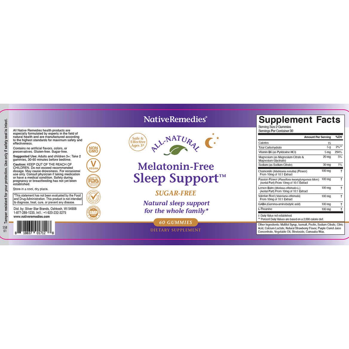 Native Remedies Melatonin-Free Sleep Gummies – Sugar-Free Herbal Sleep Aid for Adults (GABA, Magnesium, L-Theanine & Valerian) – 60 Gummies