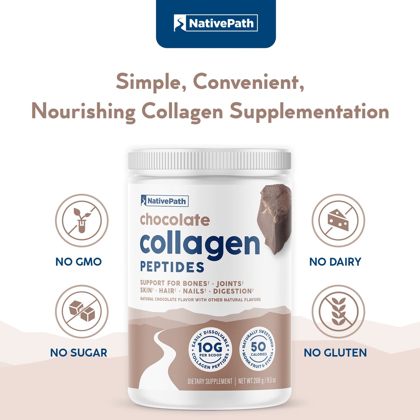 NativePath Collagen Peptides Chocolate – Hydrolyzed Type 1 & 3, Grass-Fed (268g)