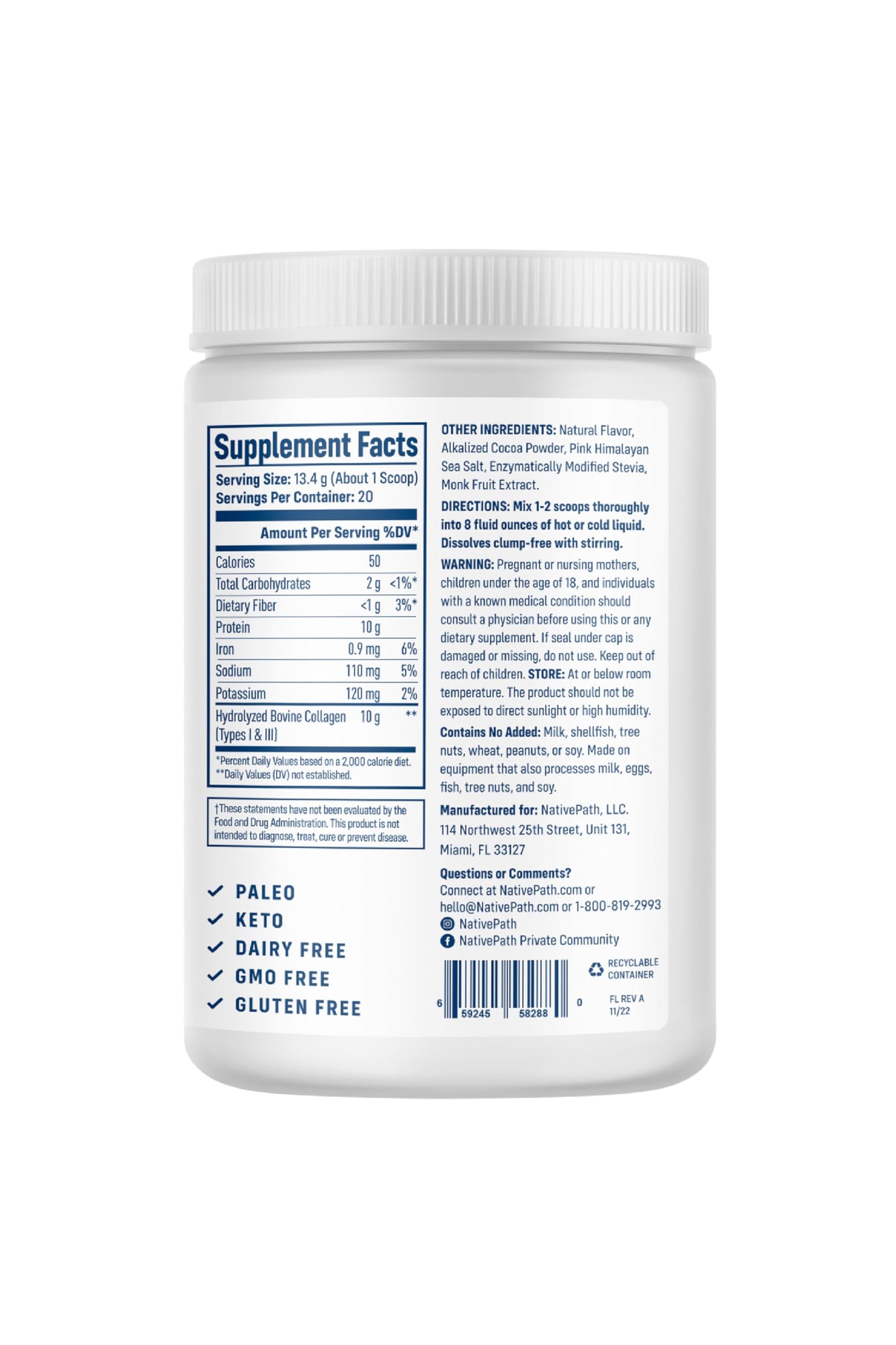 NativePath Collagen Peptides Chocolate – Hydrolyzed Type 1 & 3, Grass-Fed (268g)