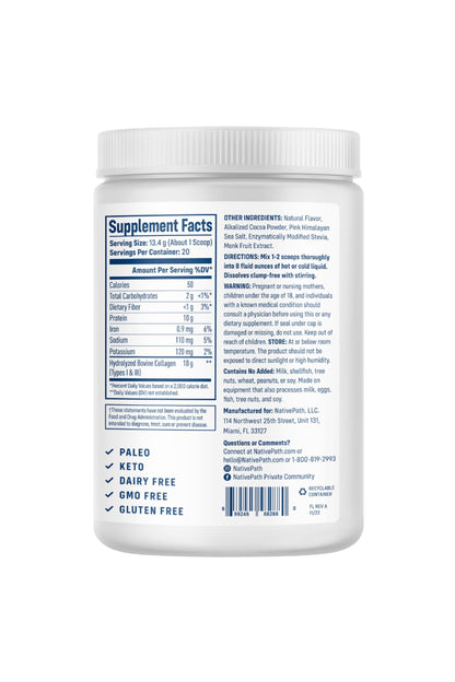 NativePath Collagen Peptides Chocolate – Hydrolyzed Type 1 & 3, Grass-Fed (268g)