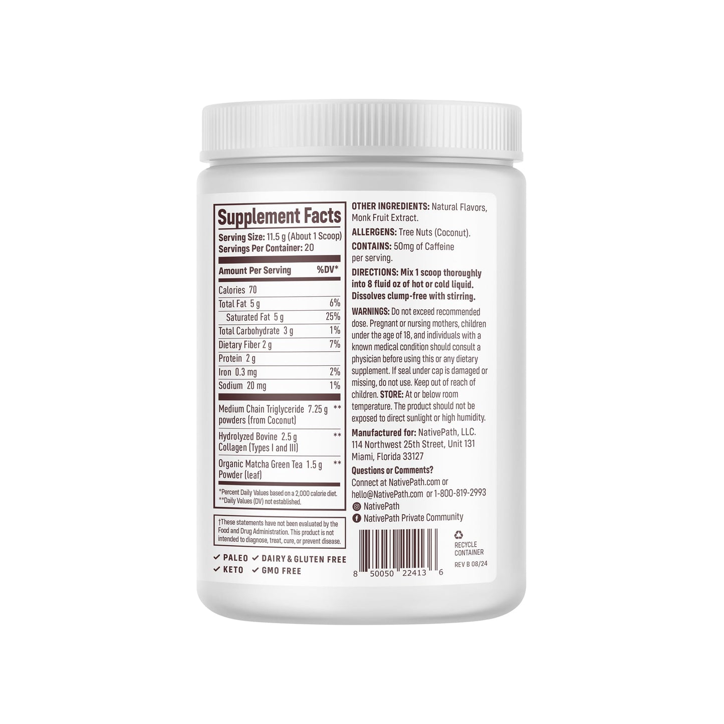 NativePath Collagen Peptides – Hydrolyzed Type I & III Collagen | Keto & Paleo, Grass-Fed, Matcha Latte 230g