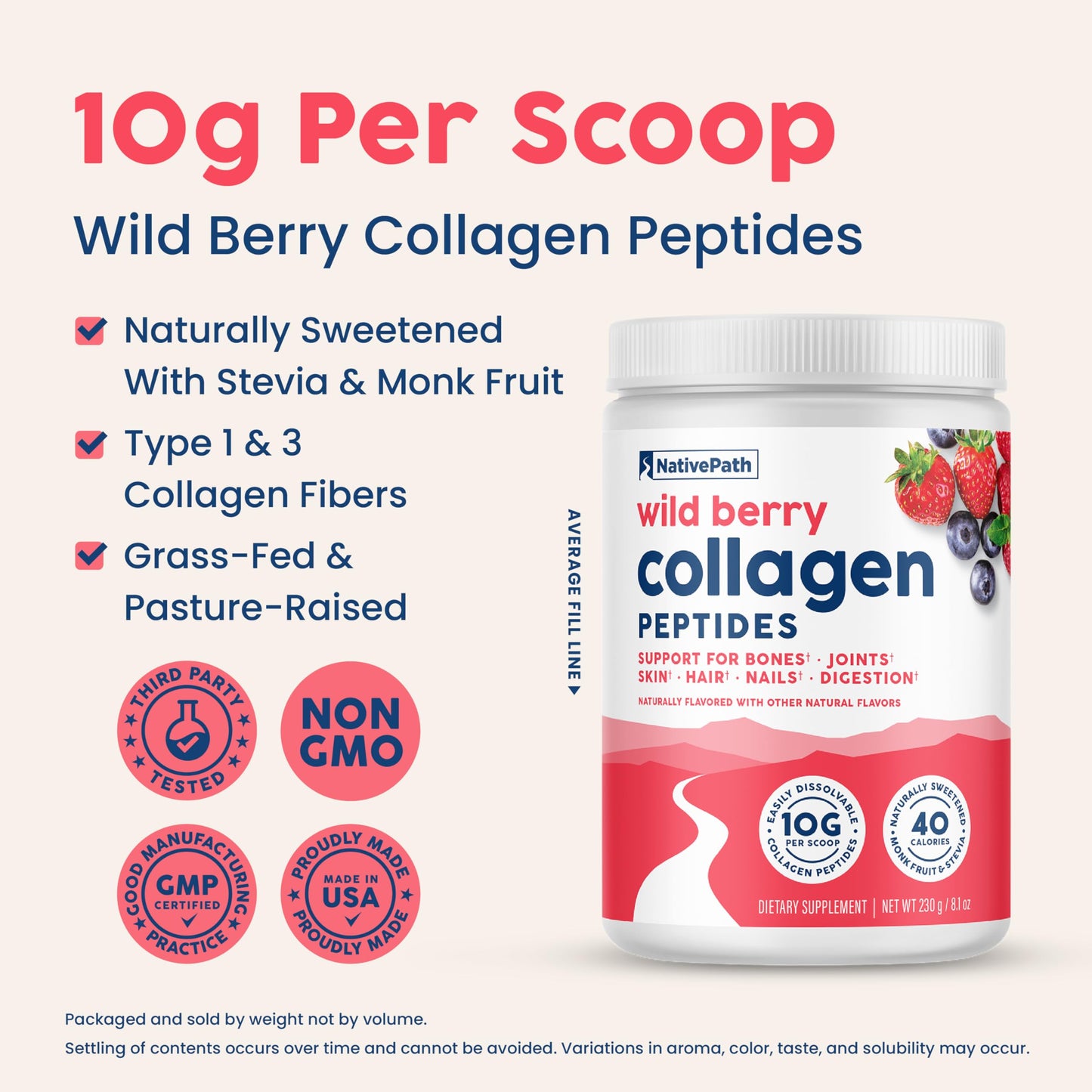NativePath Collagen Peptides – Grass-Fed Type 1 & 3, Wild Berry, 230g | Keto & Paleo