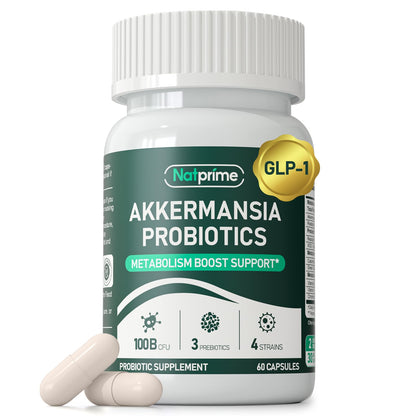 Natprime Akkermansia Probiotic GLP-1 Supplement – 100B CFU Akkermansia Muciniphila, Prebiotic Fiber, Metabolism & Gut Health | 60 Capsules