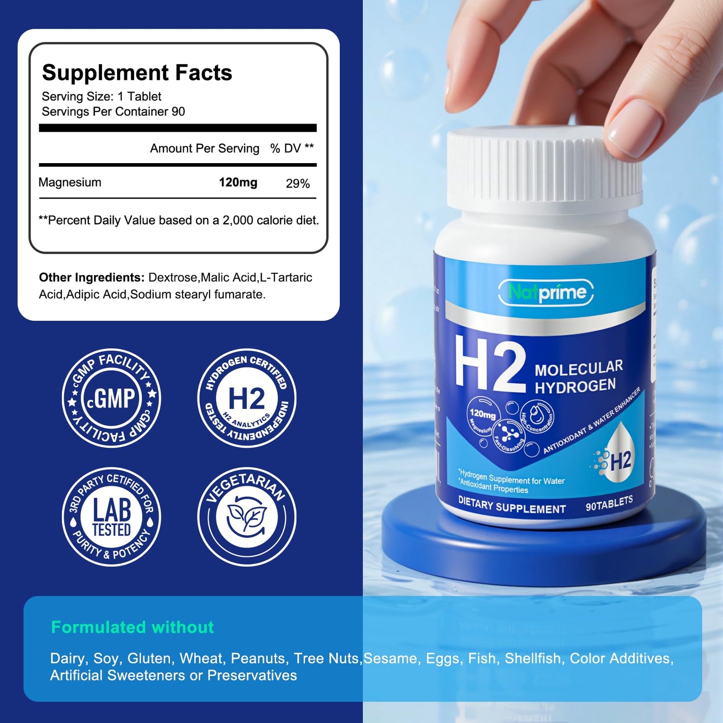 Natprime Hydrogen Water Tablets - 12 PPM H2 with Magnesium (90 Count)