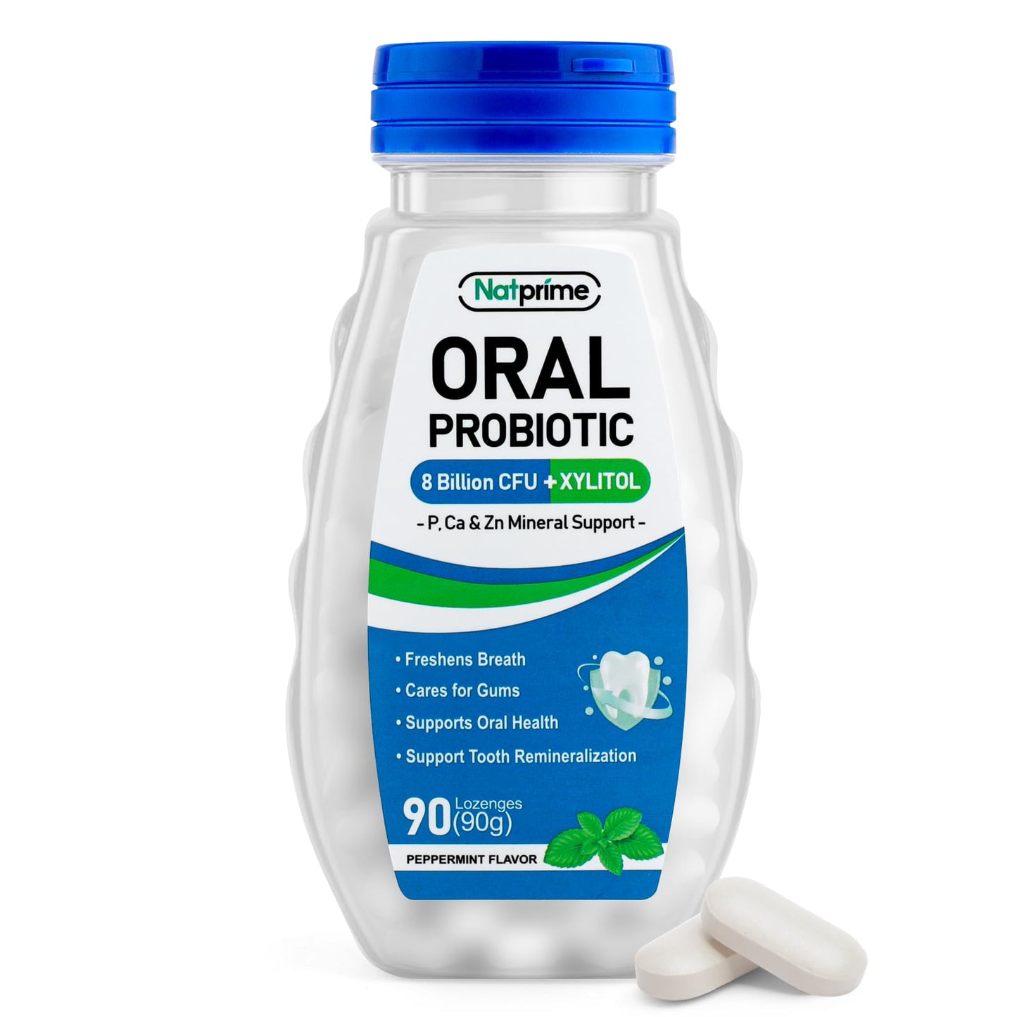 Natprime Oral Health Probiotics – 90 Mint Lozenges, 8B CFU, 6 Strains + Prebiotics & Calcium