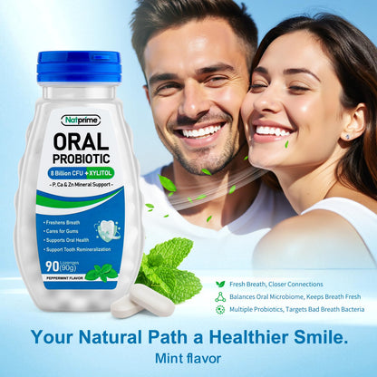 Natprime Oral Health Probiotics – 90 Mint Lozenges, 8B CFU, 6 Strains + Prebiotics & Calcium