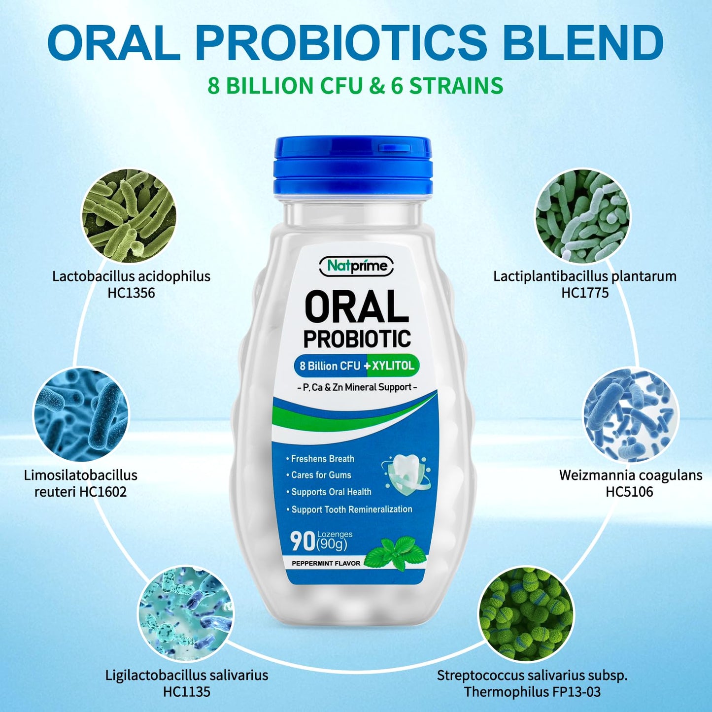 Natprime Oral Health Probiotics – 90 Mint Lozenges, 8B CFU, 6 Strains + Prebiotics & Calcium