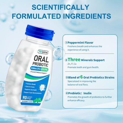 Natprime Oral Health Probiotics – 90 Mint Lozenges, 8B CFU, 6 Strains + Prebiotics & Calcium