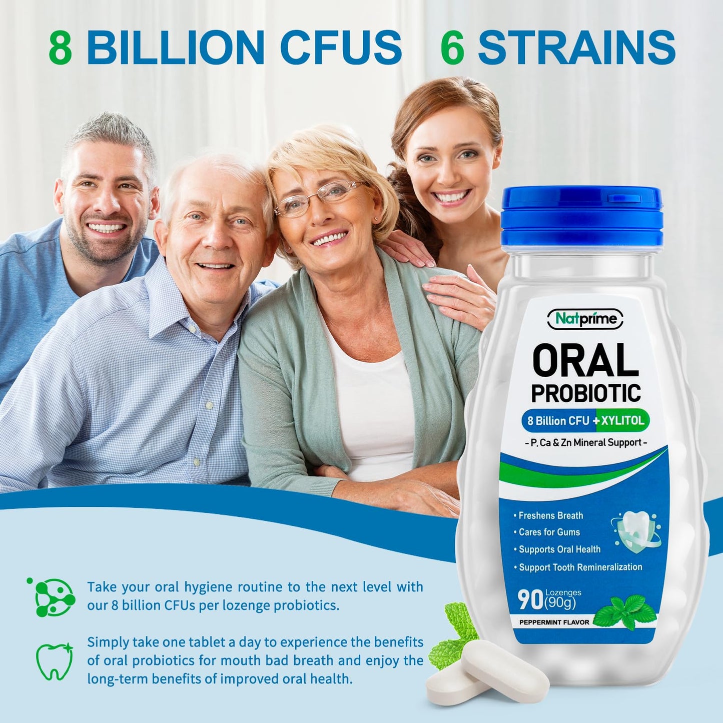 Natprime Oral Health Probiotics – 90 Mint Lozenges, 8B CFU, 6 Strains + Prebiotics & Calcium