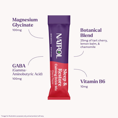 Natrol Sleep & Restore Calming Drink Mix with Magnesium Glycinate – Cherry, 10 Stick Packs