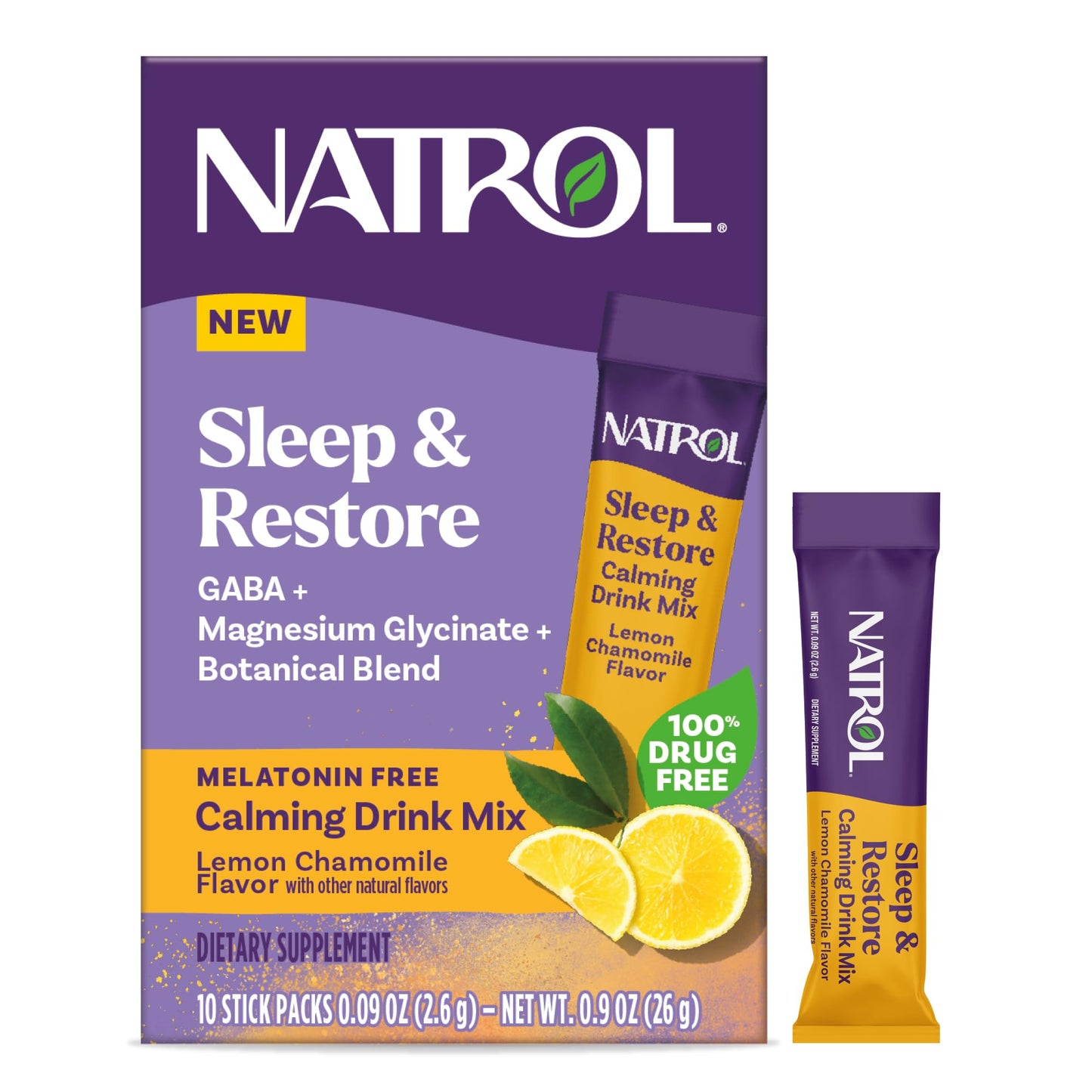 Natrol Sleep + Restore Calming Drink Mix with Magnesium Glycinate, GABA, Lemon Chamomile – 10 Stick Packs