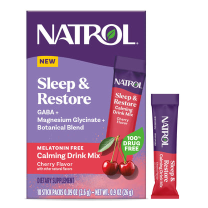 Natrol Sleep & Restore Calming Drink Mix with Magnesium Glycinate – Cherry, 10 Stick Packs