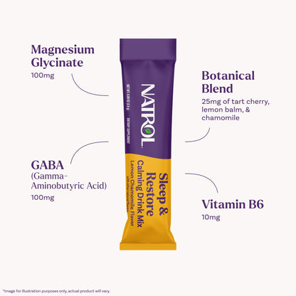 Natrol Sleep + Restore Calming Drink Mix with Magnesium Glycinate, GABA, Lemon Chamomile – 10 Stick Packs