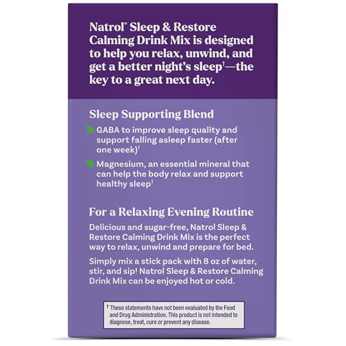 Natrol Sleep + Restore Calming Drink Mix with Magnesium Glycinate, GABA, Lemon Chamomile – 10 Stick Packs