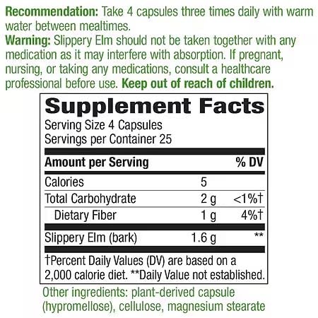 Natrue Mad Slippery Elm Bark 400mg Dietary Supplement Compatible with Nature's Way, 100Ct