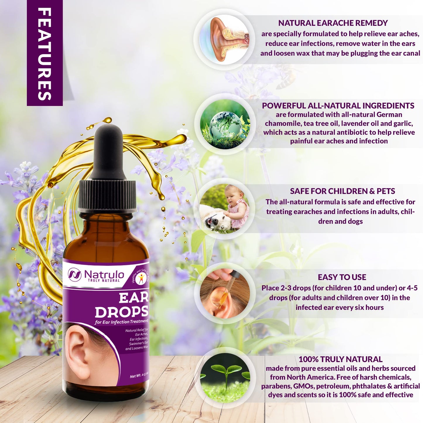Natrulo Natural Ear Drops for Ear Health – Safe for Adults, Kids, Babies & Pets | Made in USA