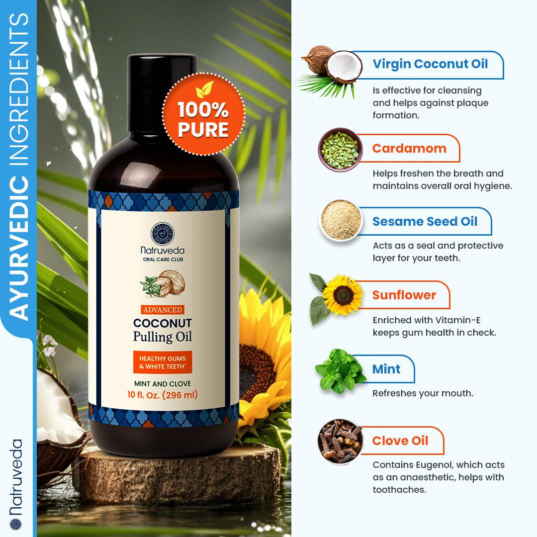 Natruveda Coconut Oil Pulling Mouthwash – Natural Whitening Ayurvedic Rinse | Fresh Mint Blend | Coconut Oil Pulling for Teeth & Gums | Whyte Oil Pulling | 10 oz