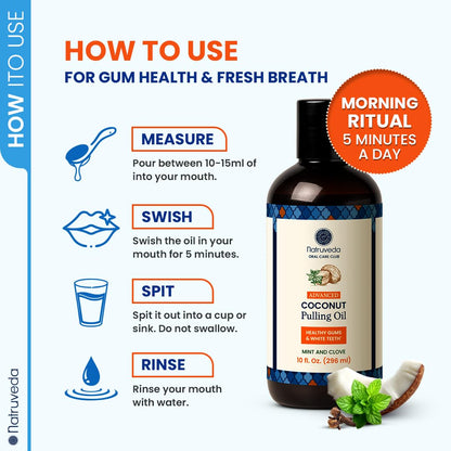 Natruveda Coconut Oil Pulling Mouthwash – Natural Whitening Ayurvedic Rinse | Fresh Mint Blend | Coconut Oil Pulling for Teeth & Gums | Whyte Oil Pulling | 10 oz