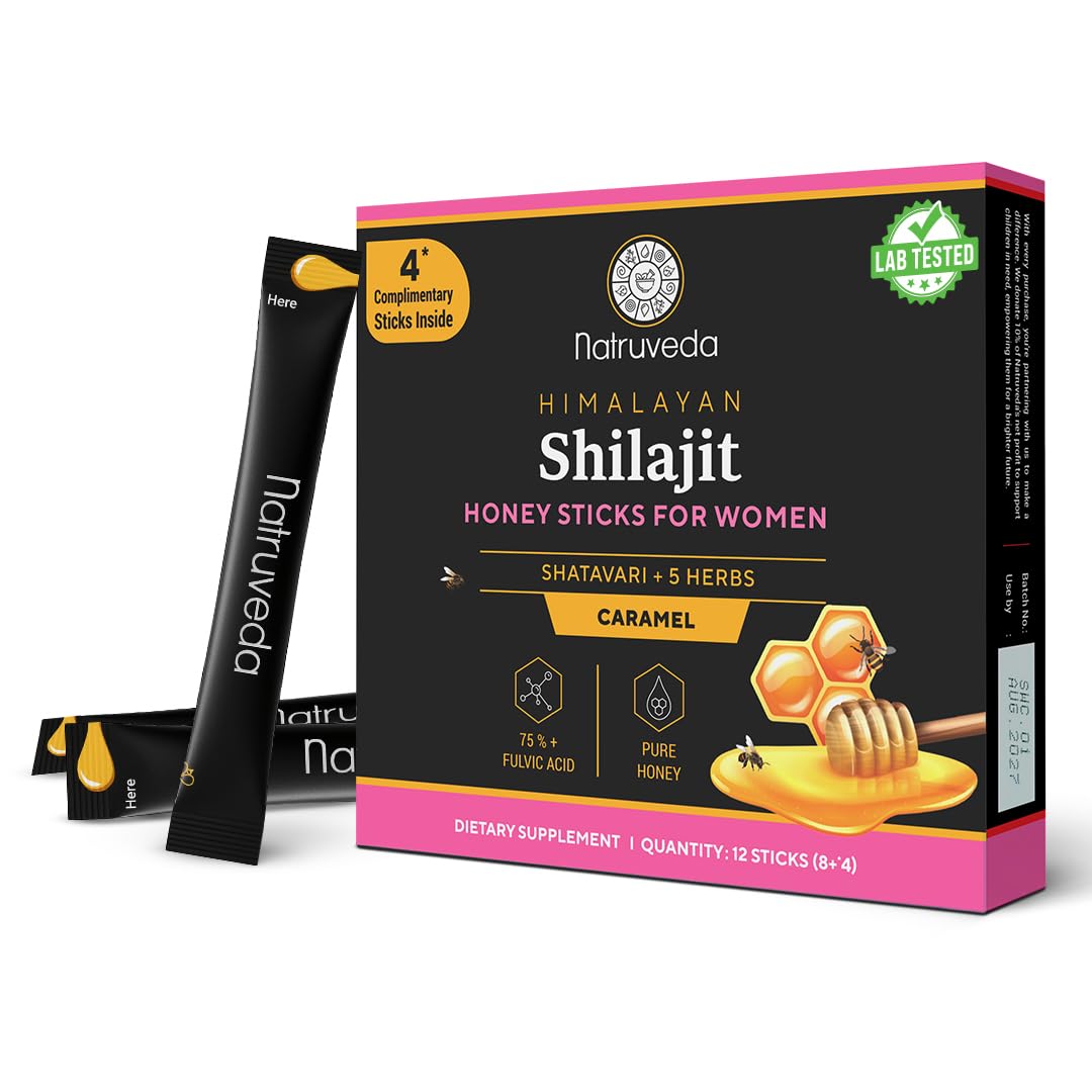 Natruveda Shilajit Honey Sticks for Women – 12 Sticks, Caramel, 300 mg Shilajit Resin + Shatavari & 5 Ayurvedic Herbs | Lab Tested