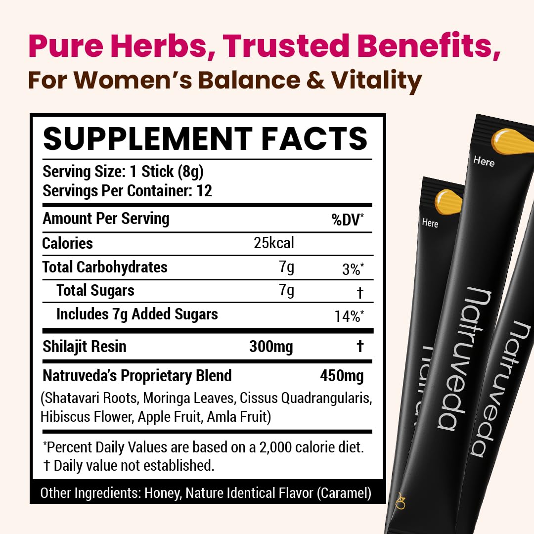 Natruveda Shilajit Honey Sticks for Women – 12 Sticks, Caramel, 300 mg Shilajit Resin + Shatavari & 5 Ayurvedic Herbs | Lab Tested