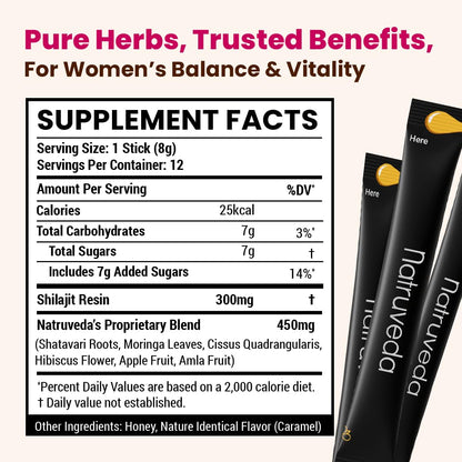Natruveda Shilajit Honey Sticks for Women – 12 Sticks, Caramel, 300 mg Shilajit Resin + Shatavari & 5 Ayurvedic Herbs | Lab Tested