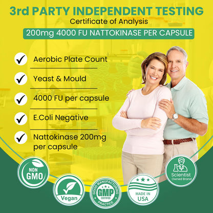 Nattokinase 4000 FU 200mg - Vegan No Stearates Gluten Free - Pure Natural Blood Thinner & Blood Flow Supplement - 100 Capsules / 100 Days Supply