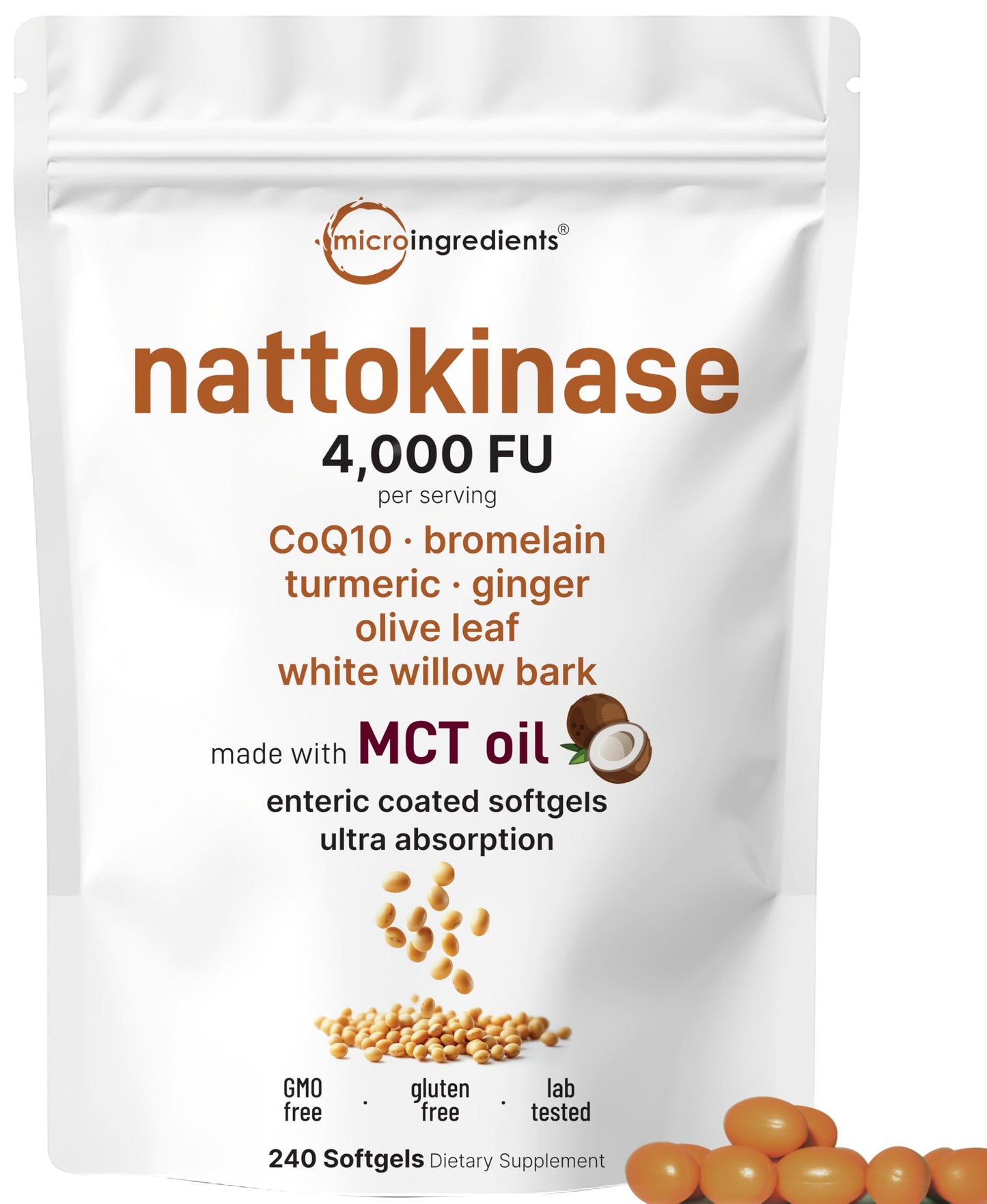 Nattokinase 4,000 FU Enteric Softgels with MCT Oil – 7-in-1 Cardiovascular Support (240 Softgels)