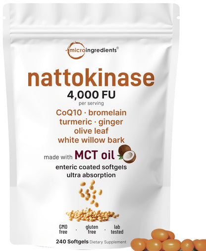 Nattokinase 4,000 FU Enteric Softgels with MCT Oil – 7-in-1 Cardiovascular Support (240 Softgels)