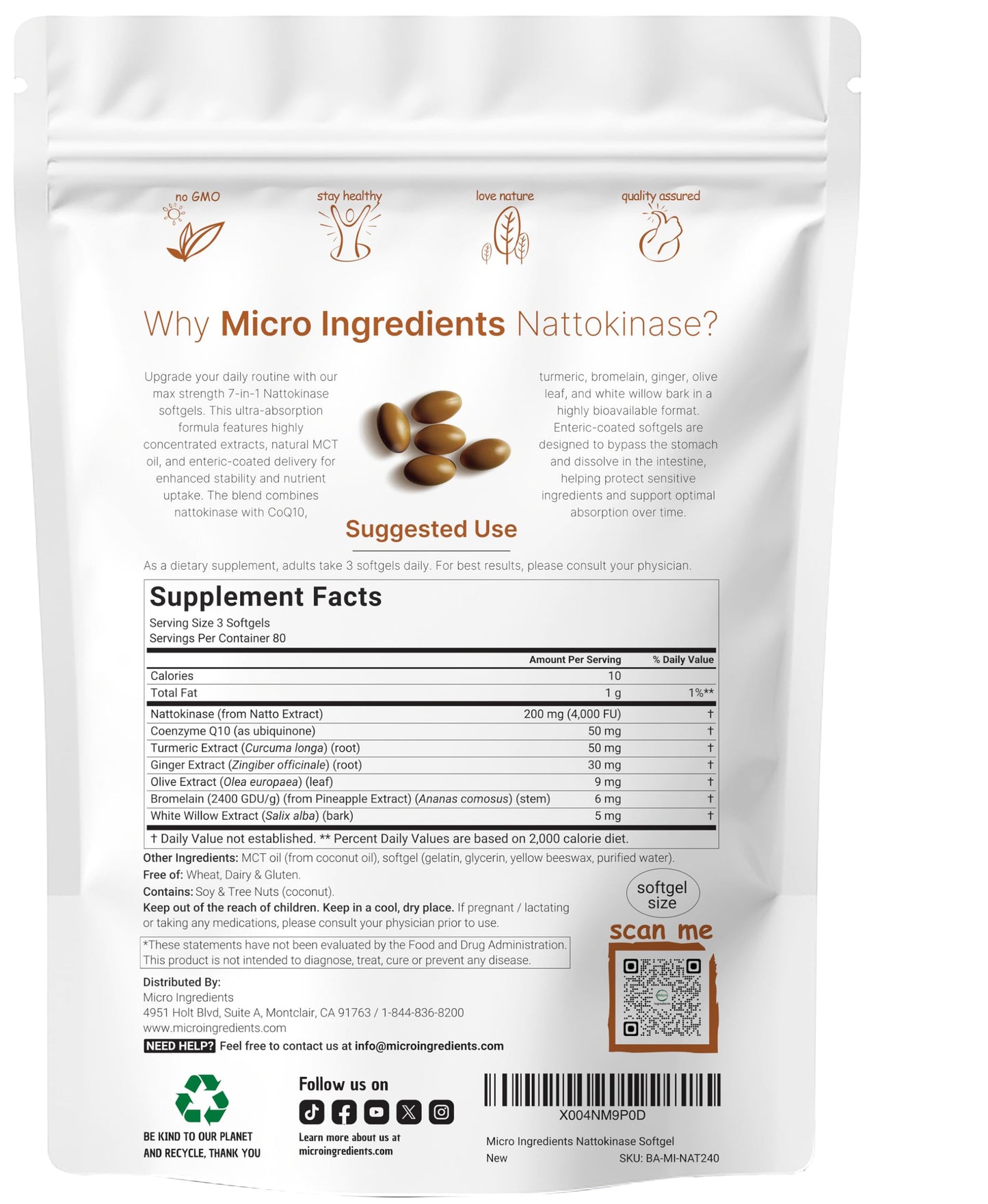 Nattokinase 4,000 FU Enteric Softgels with MCT Oil – 7-in-1 Cardiovascular Support (240 Softgels)