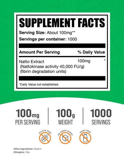 BulkSupplements Nattokinase Powder - Natto Powder, 4000 FU, 100 mg/Serving, 100 g BritishVita | Premium UK Vitamins & Wellness Supplements