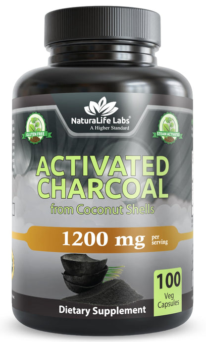 NaturaLife Labs Activated Charcoal 1200 mg – 100 Veg Capsules | Non-GMO, Gluten-Free, Vegan