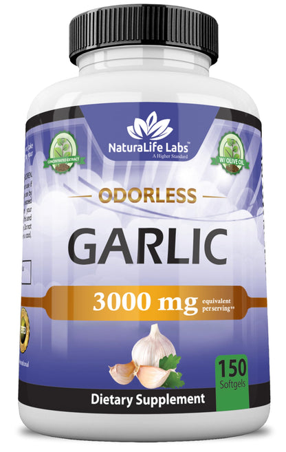 NaturaLife Labs Odorless Garlic – 3,000 mg per Serving | 150 Softgels | Non-GMO, Gluten-Free