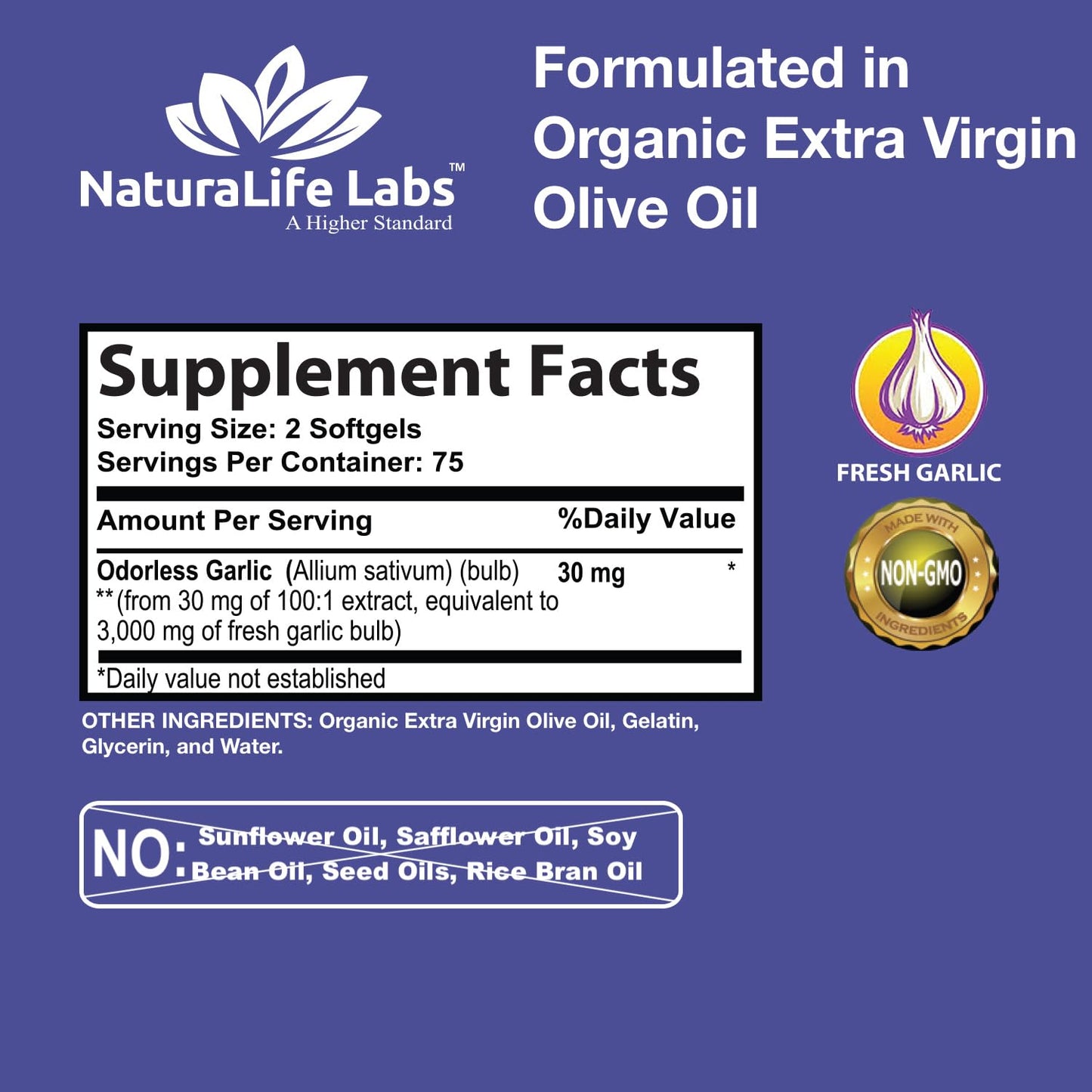 NaturaLife Labs Odorless Garlic – 3,000 mg per Serving | 150 Softgels | Non-GMO, Gluten-Free