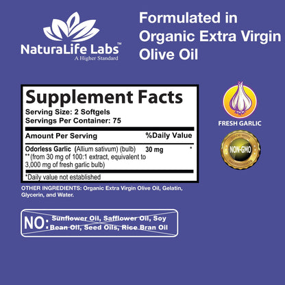 NaturaLife Labs Odorless Garlic – 3,000 mg per Serving | 150 Softgels | Non-GMO, Gluten-Free