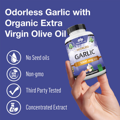 NaturaLife Labs Odorless Garlic – 3,000 mg per Serving | 150 Softgels | Non-GMO, Gluten-Free