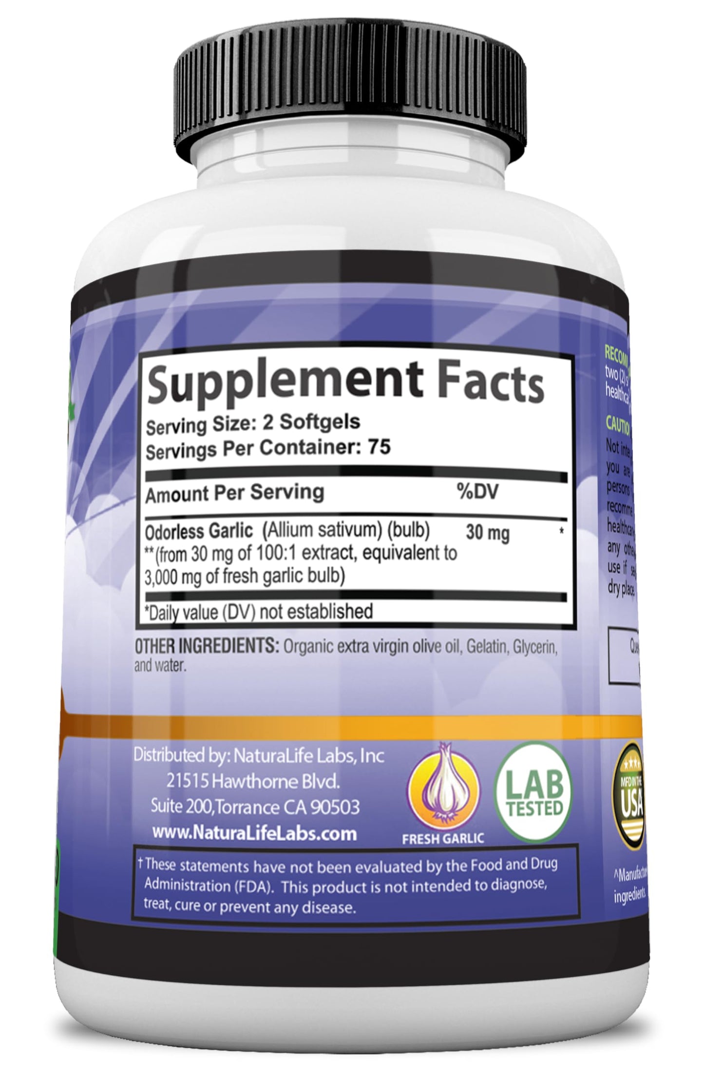 NaturaLife Labs Odorless Garlic – 3,000 mg per Serving | 150 Softgels | Non-GMO, Gluten-Free
