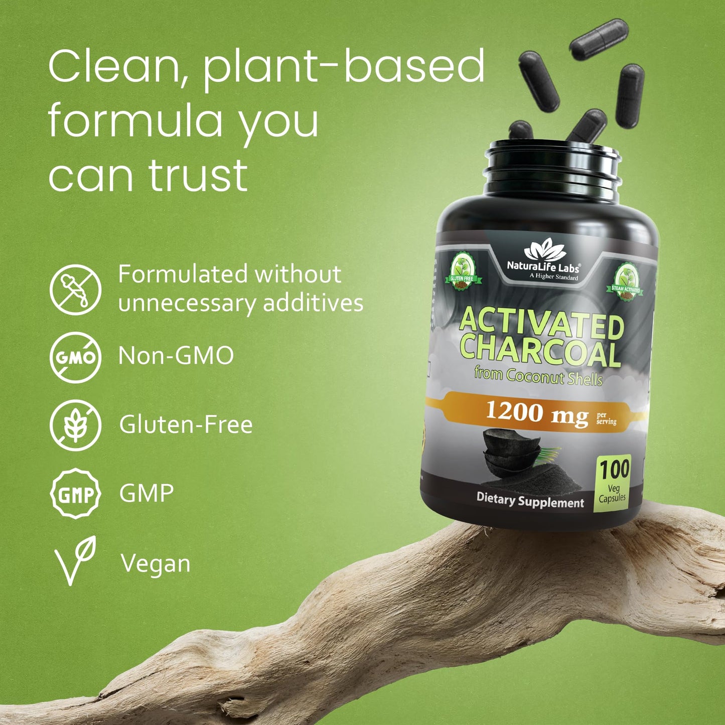 NaturaLife Labs Activated Charcoal 1200 mg – 100 Veg Capsules | Non-GMO, Gluten-Free, Vegan