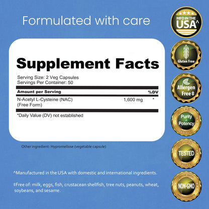 NaturaLife NAC 1600 mg – 100 Capsules | Non-GMO & Gluten-Free