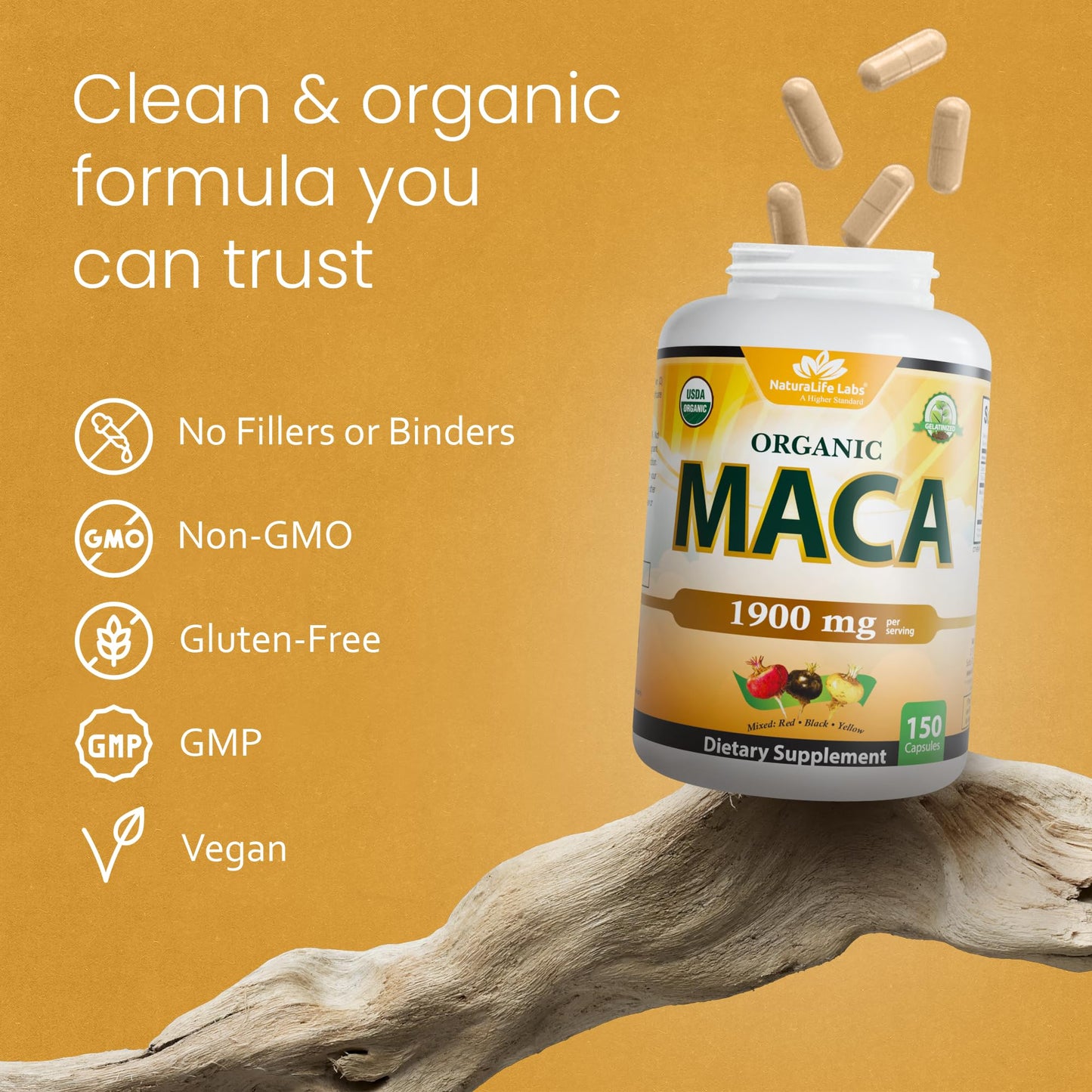 NaturaLife Labs Organic Maca Root – Black, Red & Yellow | 1900 mg per Serving | 150 Capsules | Vegan