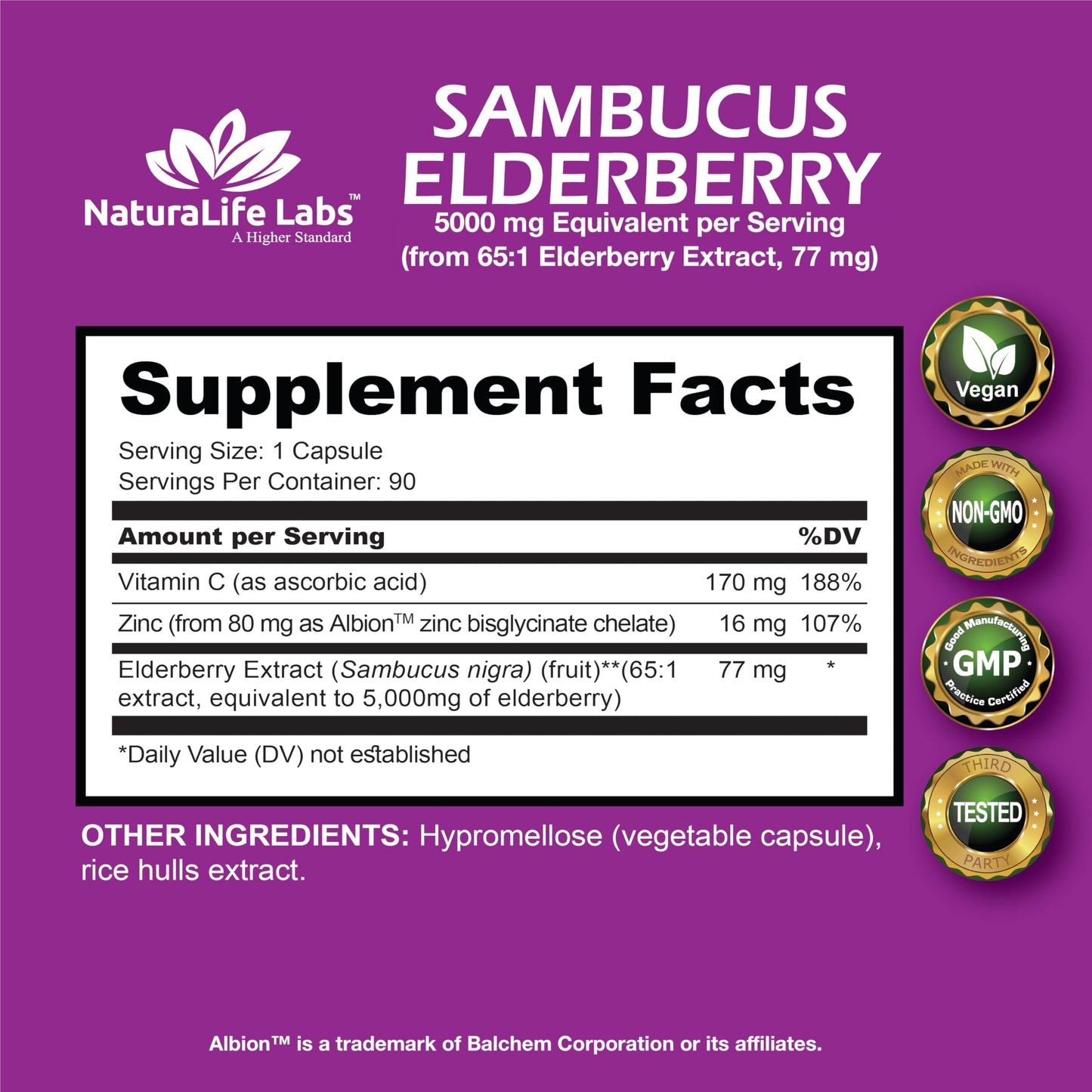 NaturaLife Sambucus Elderberry 5,000 mg (65:1) + Vitamin C & Zinc – 90 Veg Capsules