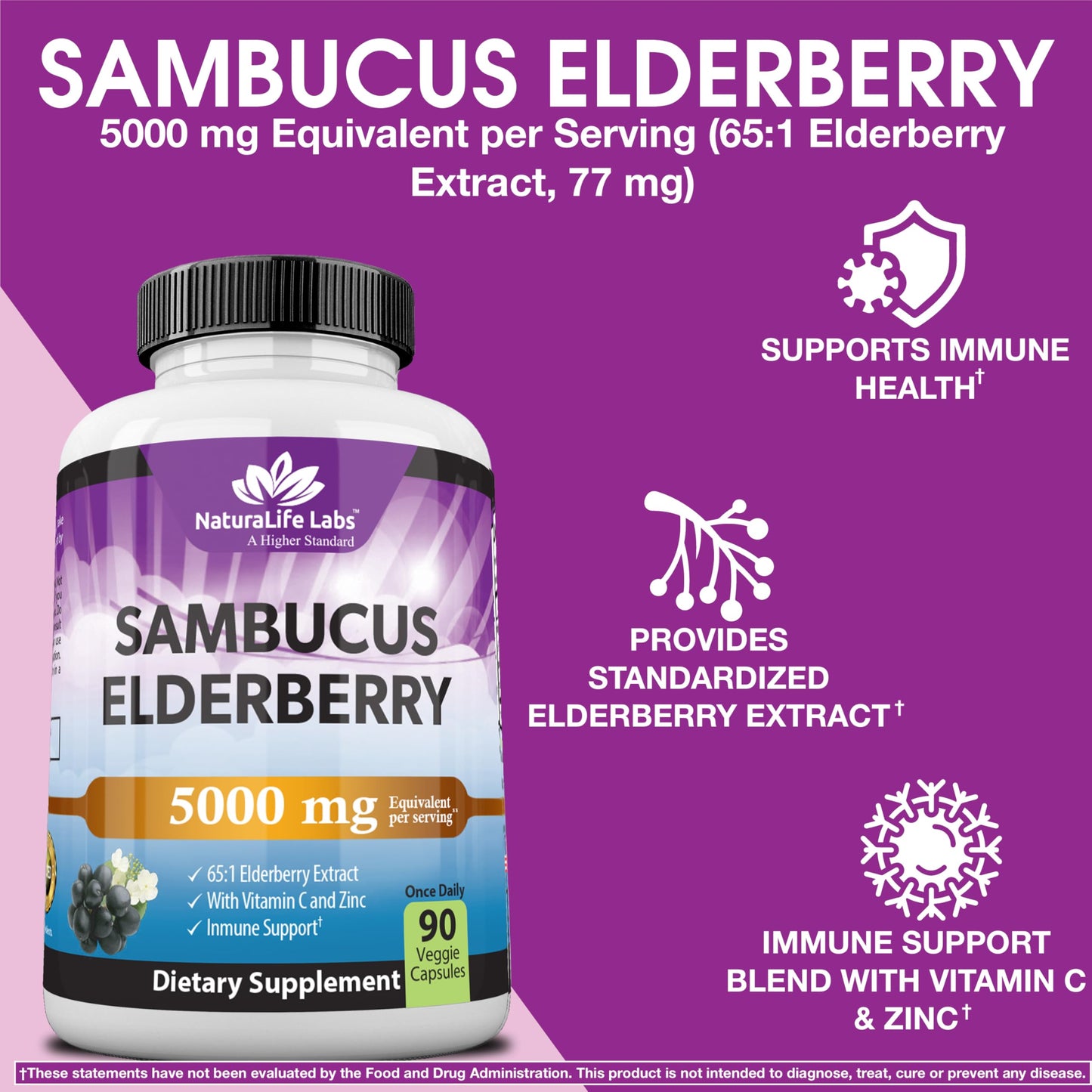 NaturaLife Sambucus Elderberry 5,000 mg (65:1) + Vitamin C & Zinc – 90 Veg Capsules