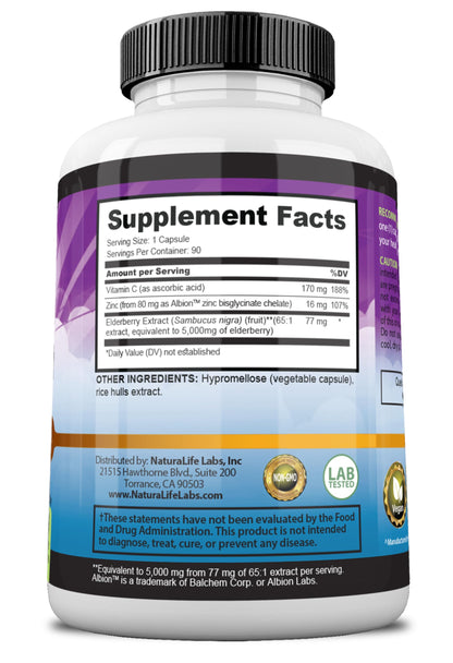 NaturaLife Sambucus Elderberry 5,000 mg (65:1) + Vitamin C & Zinc – 90 Veg Capsules