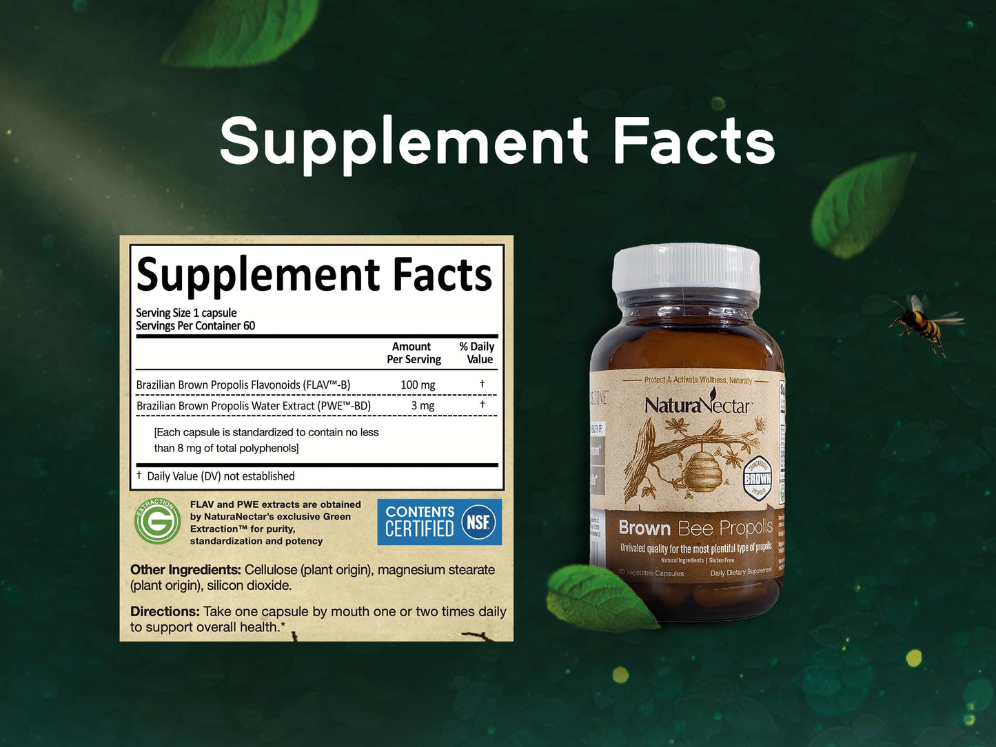 NaturaNectar Brown Bee Propolis - NSF Certified, Gluten-Free, Premium Brazilian Propolis (60pcs)