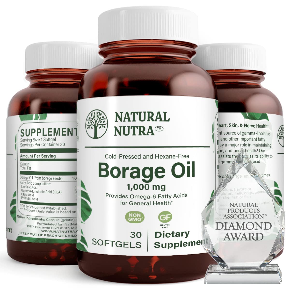 Natural Borage Oil Supplement with GLA – Supports Skin, Nerve & Joint Health (30 Soft Gels)