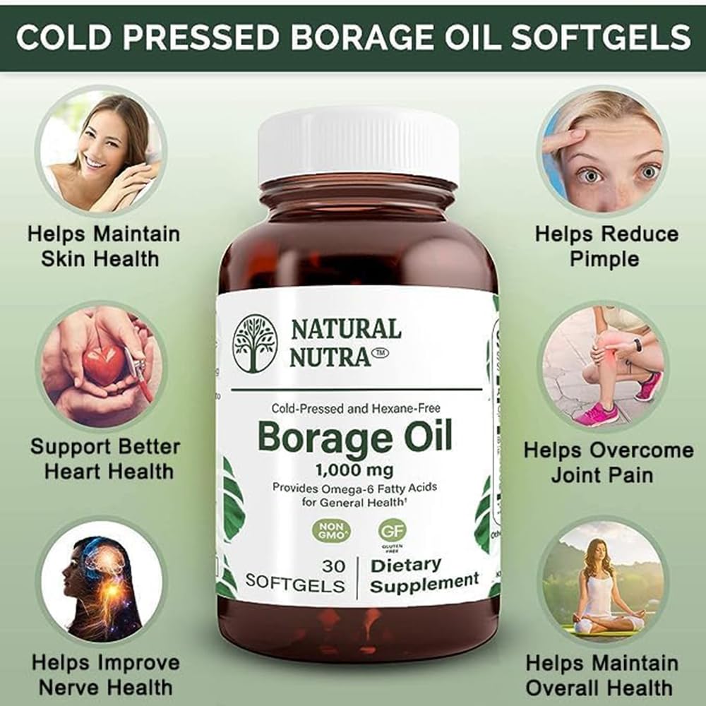 Natural Borage Oil Supplement with GLA – Supports Skin, Nerve & Joint Health (30 Soft Gels)