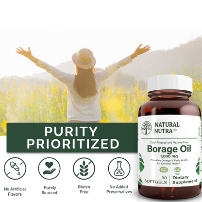 Natural Borage Oil Supplement with GLA – Supports Skin, Nerve & Joint Health (30 Soft Gels)