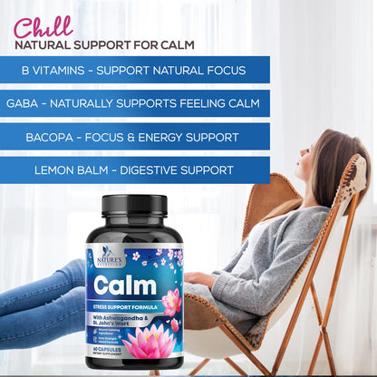 Natural Calm: Ashwagandha, GABA & Magnesium – Unwind, Focus & Immune Support (120 Capsules) | Vegan, Non-GMO, Gluten Free, Made in USA