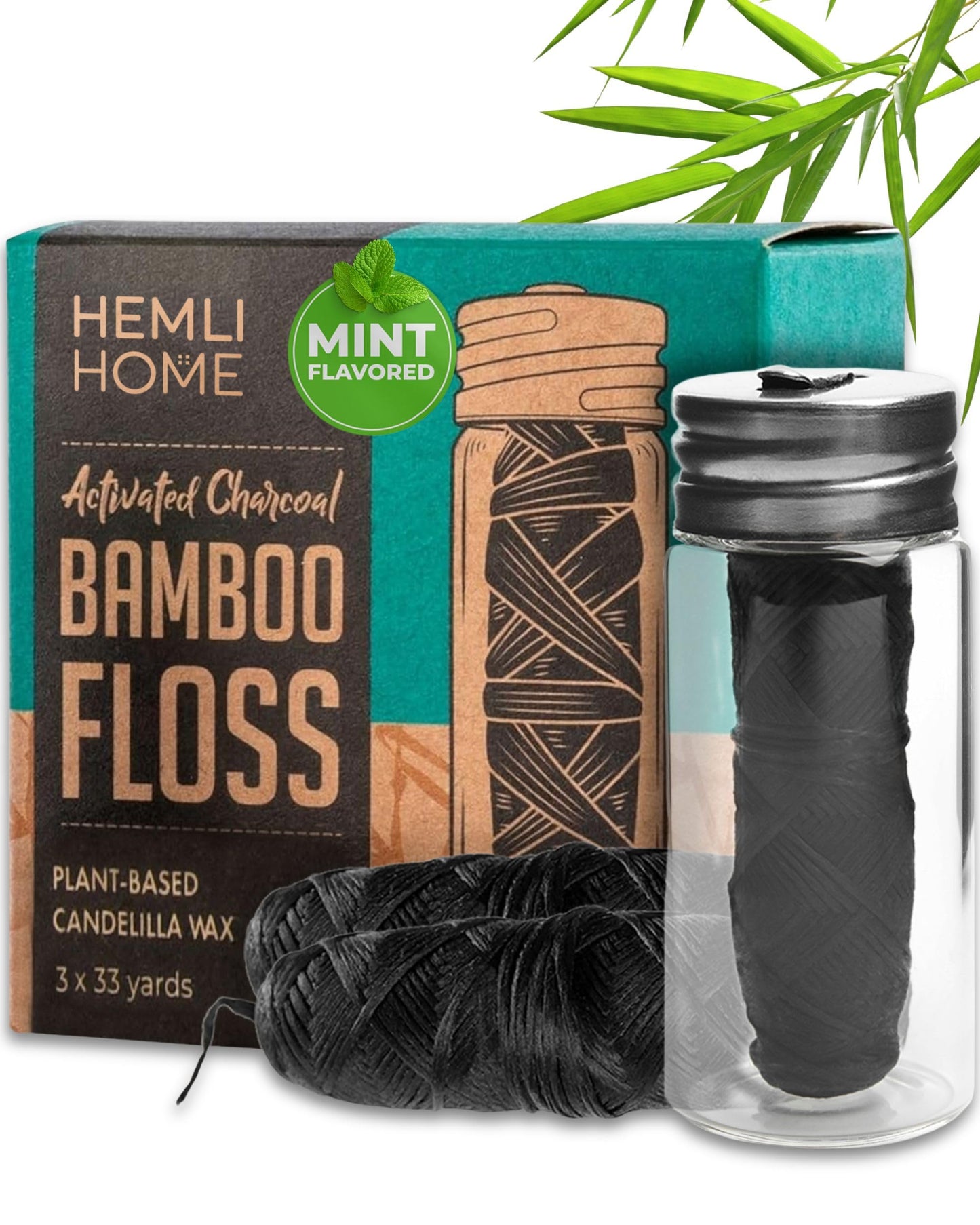 Natural Charcoal Bamboo Dental Floss, 3-Pack - Organic, Eco, Pfas Free - Reusable Natural Floss