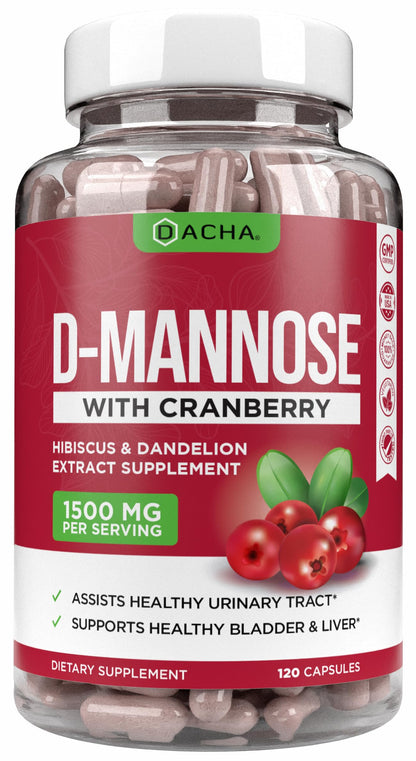 Natural D-Mannose Capsules 4-in-1 Formula - 120 Caps | 1500 mg Cranberry, Dandelion & Hibiscus
